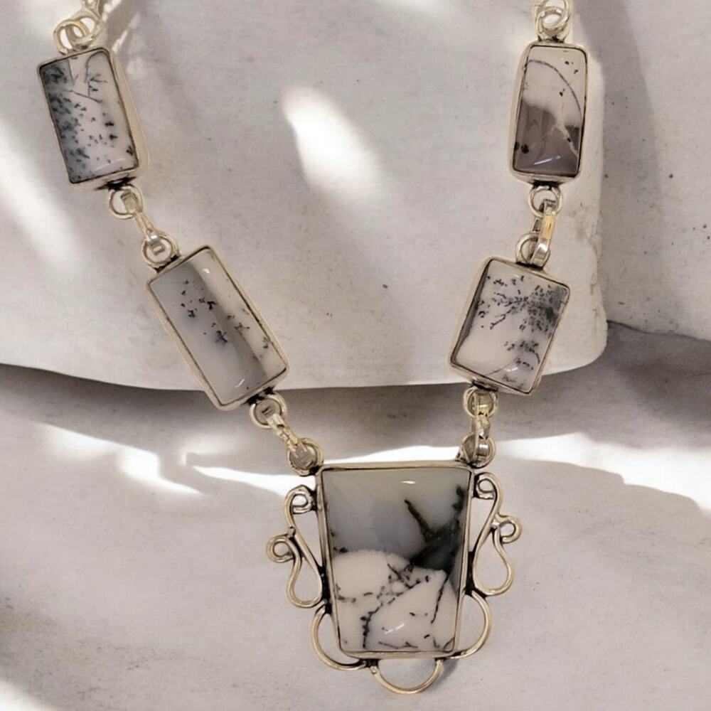 Dendritic Opal Sterling Silver Necklace, 20 Inch Handmade Statement Jewelry